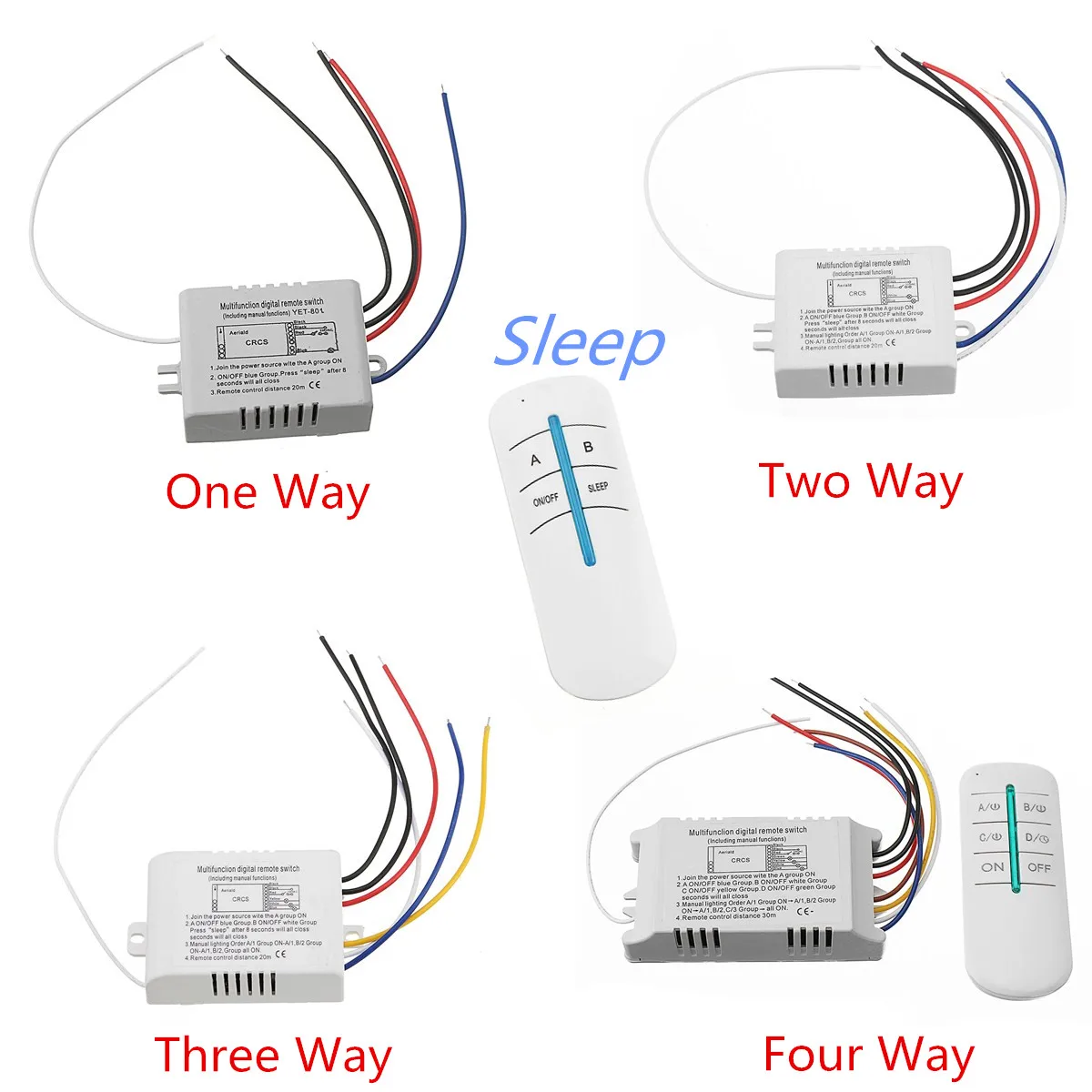 

220V 4Ways ON/OFF/Sleep Digital RF Remote Control Switch Transmitter+ Receiver Wireless 315Mhz For Home Wall Light Lamp
