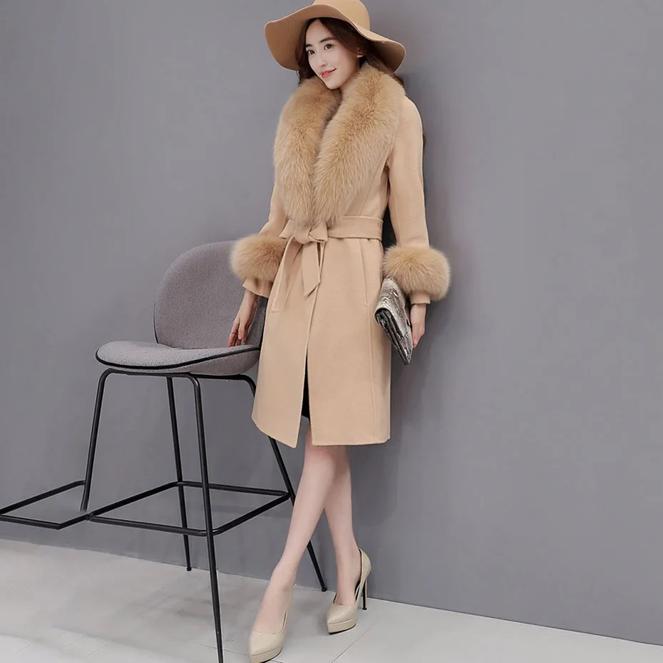 Women Wool Blends Coats Fur Collar Winter Fashion Belt Overcoat Office Ladies Elegant Luxury Gray Camel Coat Outwear Women Wool Blends Coats Fur Collar Winter Fashion Belt Overcoat Office Ladies Elegant Luxury Gray Camel Coat Outwear
