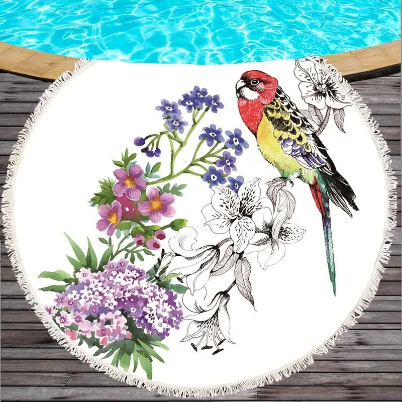 

Adults Beach Towels Tassel Yoga Blanket Flower Bird Print 150cm Round Microfiber Cover Up Bath Swim Shawl Thick Camping Mattress