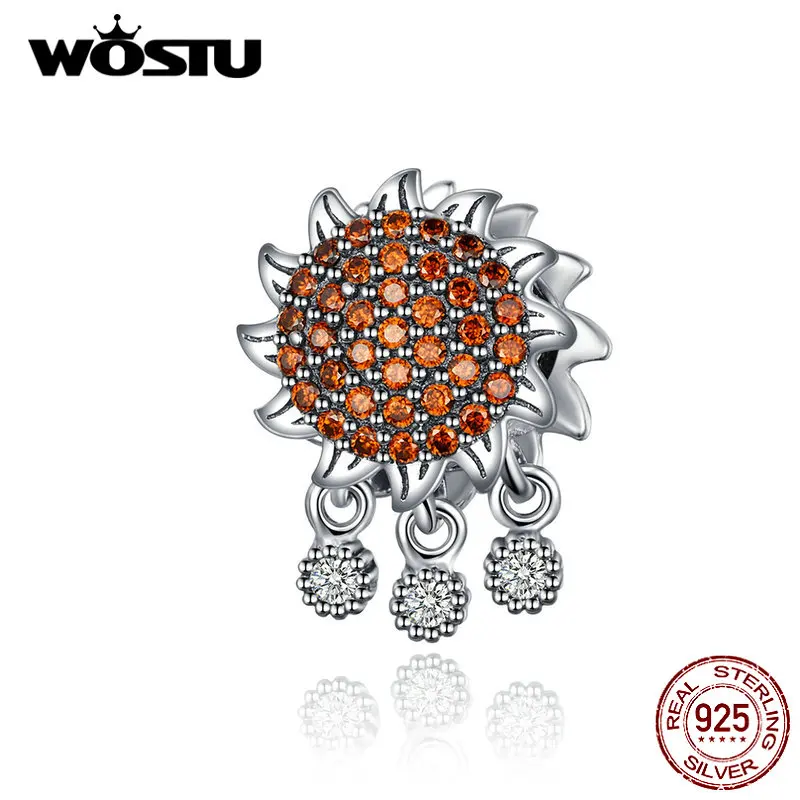 

WOSTU Sunflower Dangle Charm 925 Sterling Silver Crystal Enamel Beads Fit Original Bracelet Pendant DIY Jewelry Making CQC1190
