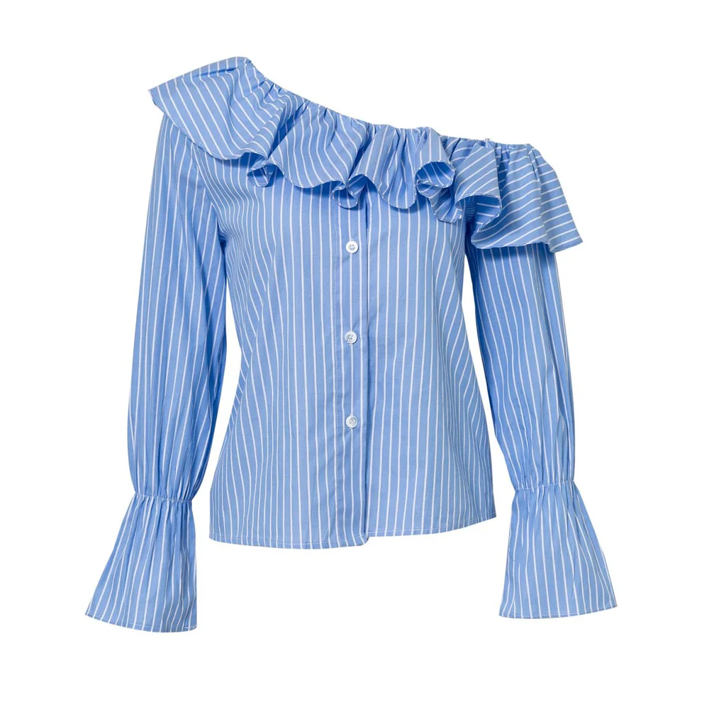 Wipalo Long Sleeve Stripe Ruffles Blouse Women Autumn