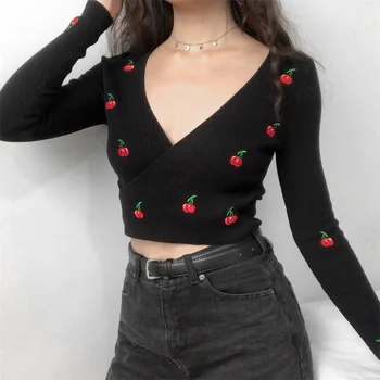 

Cherry Embroidery Long Sleeve Knitting Tops Vintage Crossing V Neck Sexy Women Short Sweater