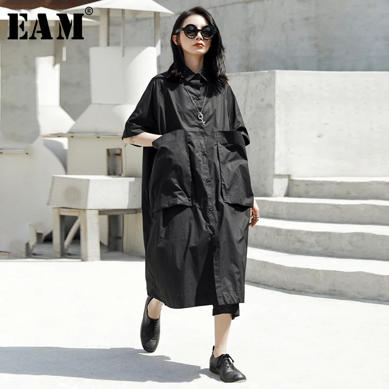 

[EAM] 2019 New Spring Summer Round Neck Half Sleeve Black Pocket Split Joint Loose Big Size Shirt Dress Women Fashion JT540