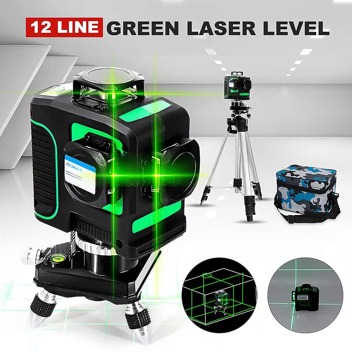 

Laser Level 3D 12 Line Green Light Auto Self Leveling 360 Rotary Measure Cross Wall Mounted Bracket Tripod Base Charging US Plug