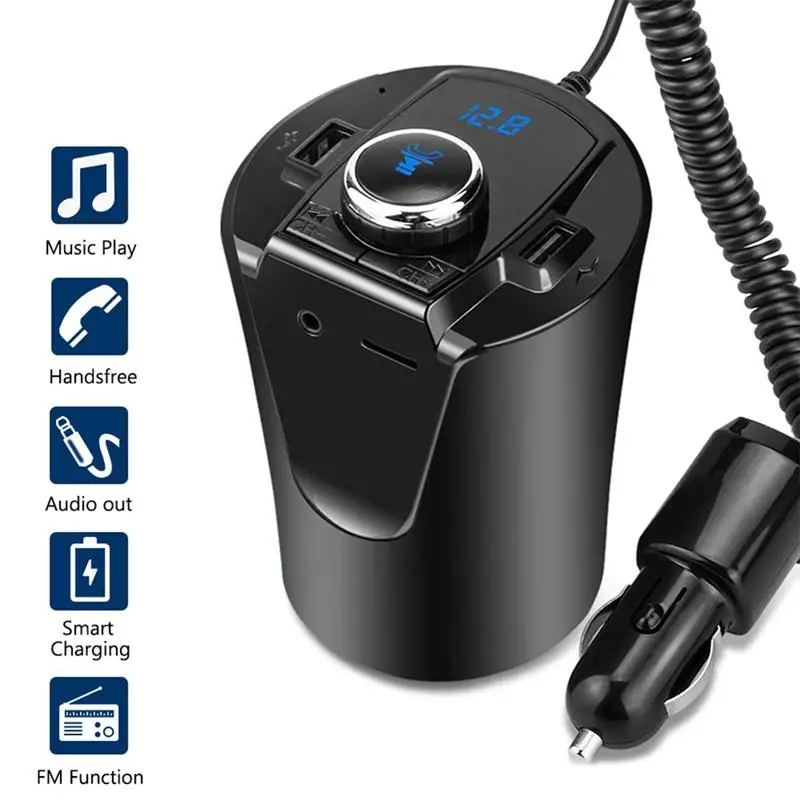 Car Bluetooth FM Transmitter Music Player Cup Holder Hands Free Calling Support U Disk TF Card Dual USB Port Charger Adapter