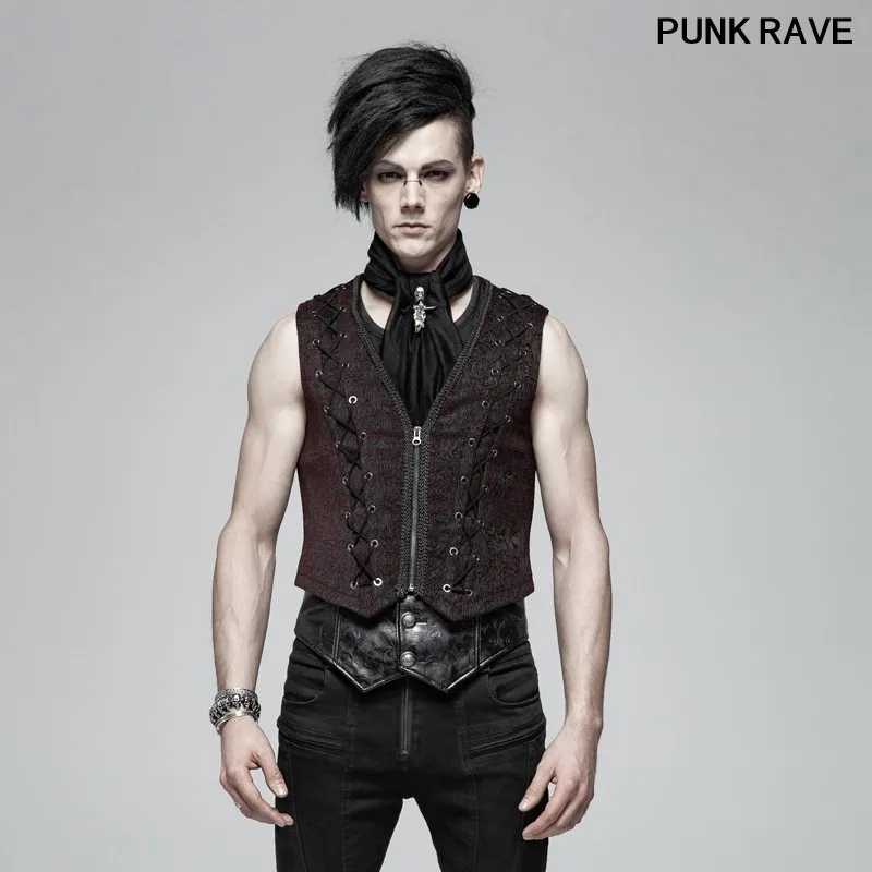 

Gothic Neckline Affixed 3d Pattern Ribbon Vest Punk classic Visual Kei Sleeveless Personality men Tank Tops PUNK RAVE WY-1014MJM