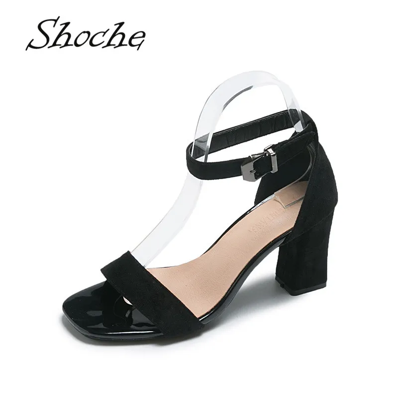 

Shoche High Heel Summer Sandals Open Toe Block Square Heels Women Black Heels Office Ladies Low Heel Sandals Big Size