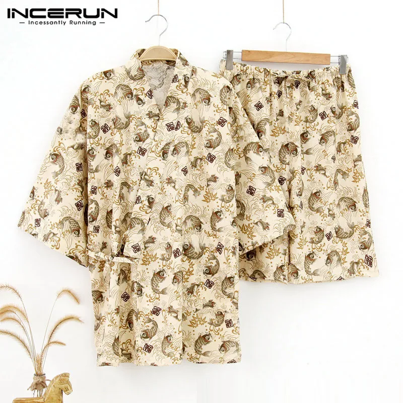 INCERUN Men Pajamas Sets Print Kimono Suit Soft Homewear Short Sleeve Tops & Shorts Japanese Style Men Sleepwear Sets Plus Size INCERUN Men Pajamas Sets Print Kimono Suit Soft Homewear Short Sleeve Tops & Shorts Japanese Style Men Sleepwear Sets Plus Size