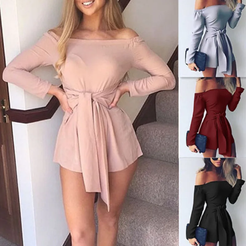 

2019 Hot off Shoulder playsuit Long-Sleeve Jumpsuit Solid Color Sweet bodysuit Ladies Spring Jumpsuit women