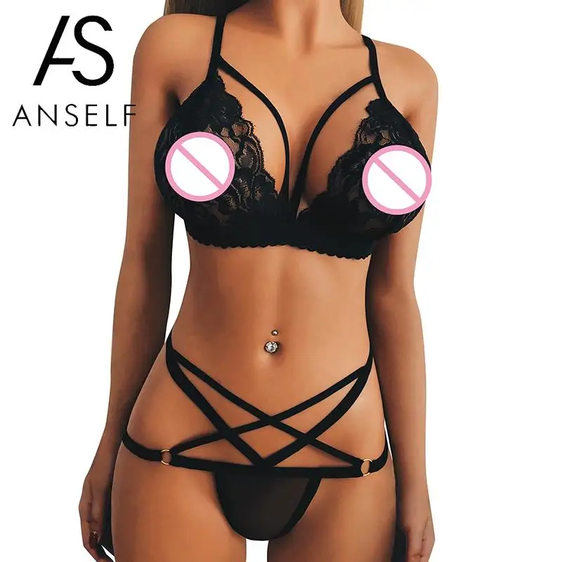 

Sexy Women Lingerie Set Sheer Lace Strappy Bra Bondage Thongs Erotic Two-piece Sleepwear Underwear female brassiere Set Black