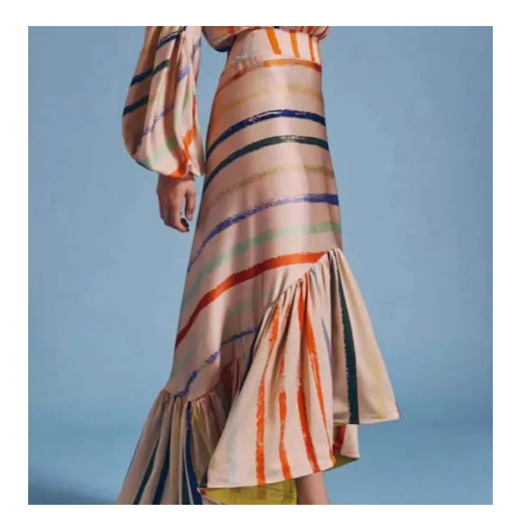 

Women Fashion Lantern Sleeve Striped Mermaid Dress Sexy High Waist Ruffle Irregular Dresses Casual Vintage Bodycon Long Dress