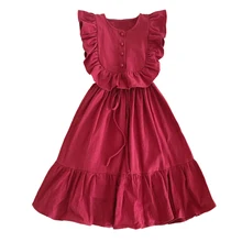 Красное длинное платье в китайском стиле для маленьких девочек 2-8 лет, летнее платье без рукавов с рюшами, винтажное платье, детские платья на пуговицах