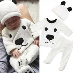 Комплект одежды из 3 предметов для новорожденных девочек и мальчиков, топ с длинными рукавами и рисунком медведя + штаны + шапка, комплекты