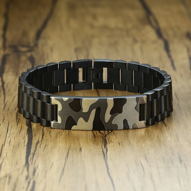 Mens Black Stainless Steel ID Bracelet with Army Camouflage Pattern Tag