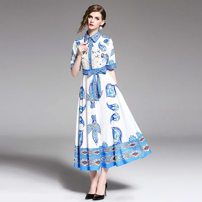 Women Runway Shirt Dress Blue Print Floral White Dresses Shirt Office Ladies Buttons Lace Up Bow Short Sleeve Long Maxi Dress