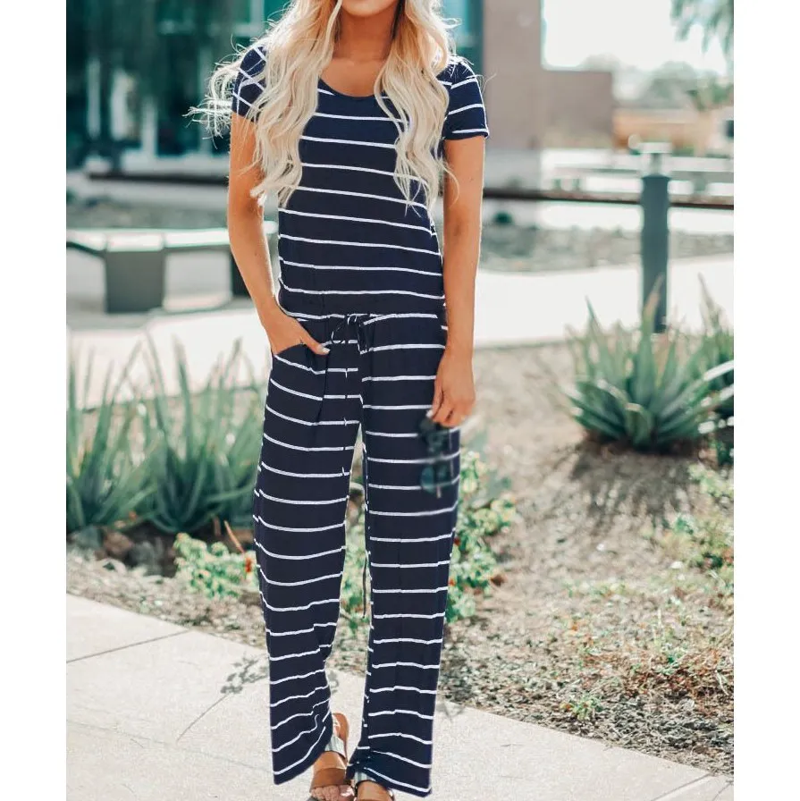 Fashion 2019 Summer Women Striped Jumpsuit Casual Short Sleeve Tracksuit Overalls Loose O Neck Long Romper Fashion 2019 Summer Women Striped Jumpsuit Casual Short Sleeve Tracksuit Overalls Loose O Neck Long Romper
