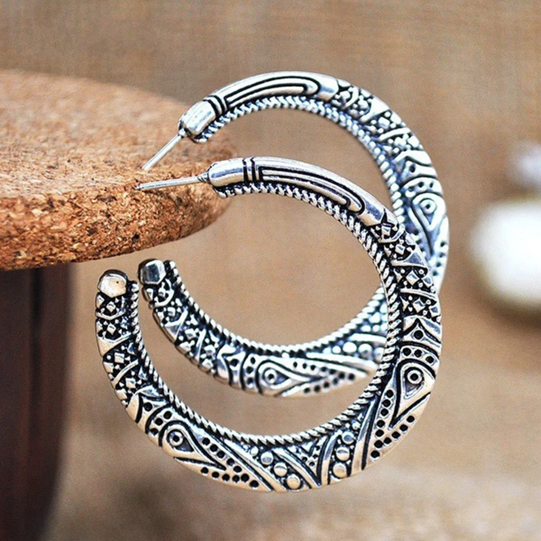 Big Vintage Silver Round Stud Drop Hoop Earrings for Women Fashion Boho