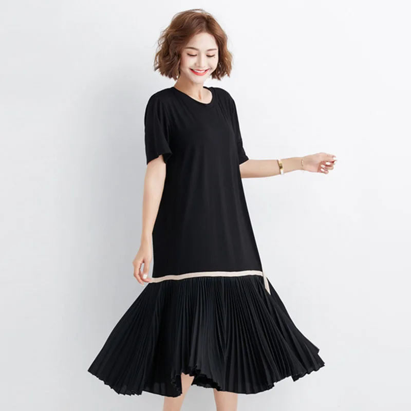 

2019 New Europe Casual Loose Patchwork Short Sleeve Draped O-neck Dress Fashion Women Summer Mid-calf Dress