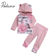 Брендовый осенний комплект одежды с цветочным принтом для новорожденных девочек пуловер с капюшоном с объемными ушками медведя розовый топ+ штаны, комплект на возраст от 0 до 24 месяцев
