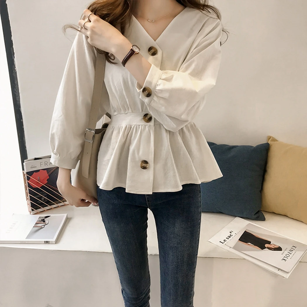 

Fashion High Waist Long Sleeve Blouse Women Vintage V-Neck Shirts 2019 Spring Casual Ladies Simple Office Shirts Feminine Blusa