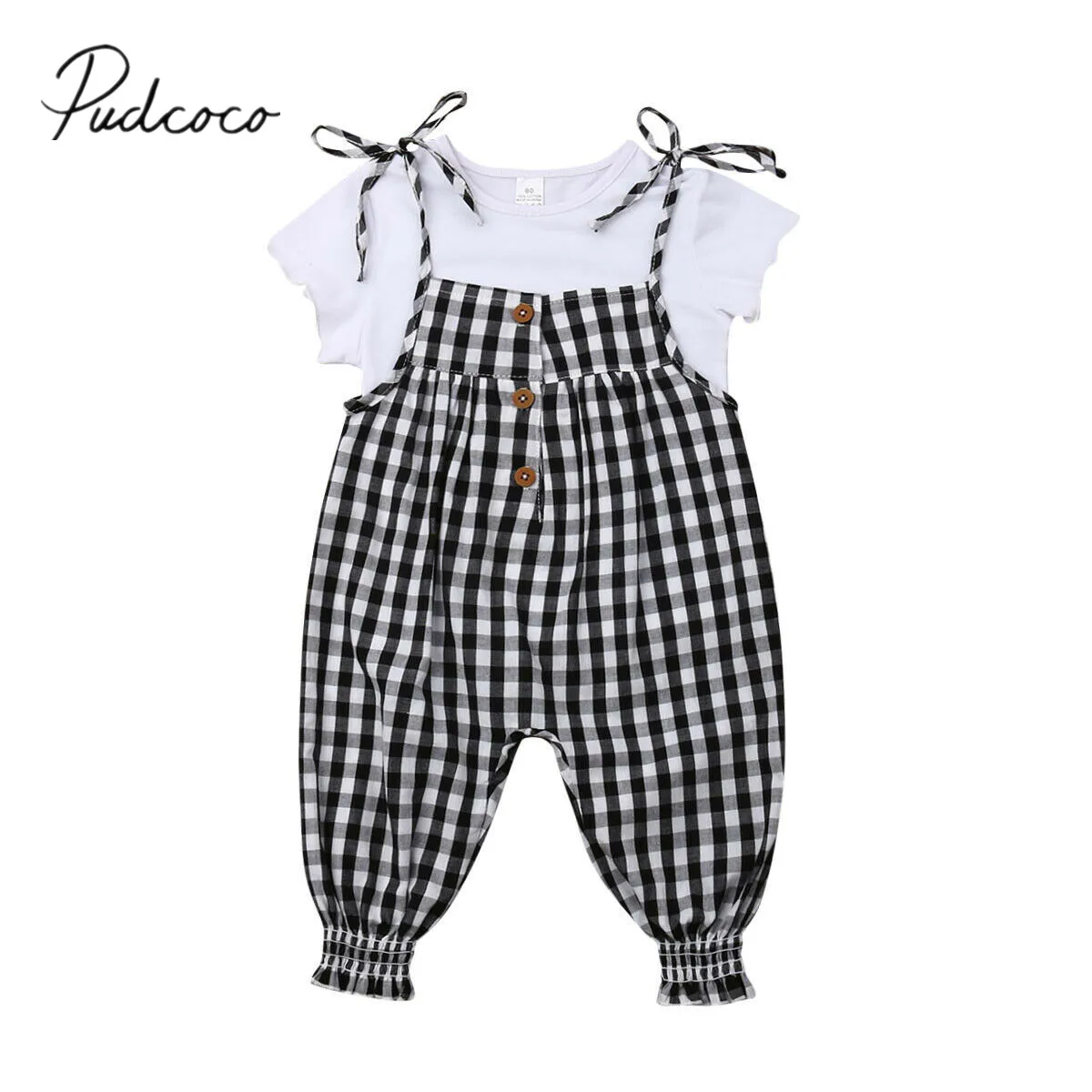 

2019 Baby Summer Clothing Newborn Kids Baby Girl Clothes Sets White T-Shirts Tops+Plaid Romper Overalls Trousers Checked Outfits