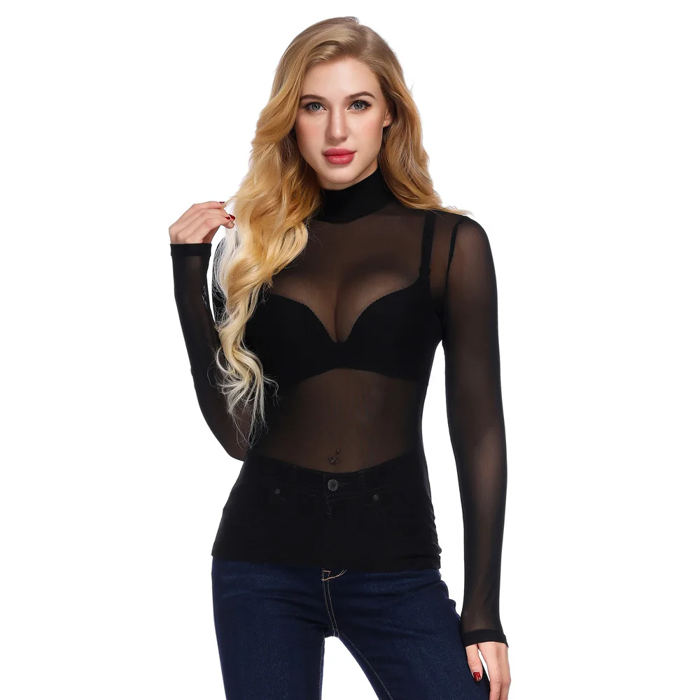 

Kate Kasin Long Sleeve Mesh Sheer Women Sexy See Through Round Scoop Neck Top Tee Slim Fit See Through Sheer Mesh Top Clubwear