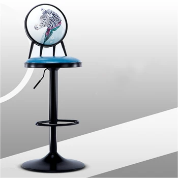 

European Style Iron Bar Chair Lifted Rotated Retro Printing High Stool with Backrest Multi-purpose PU Seat Front Desk Chair