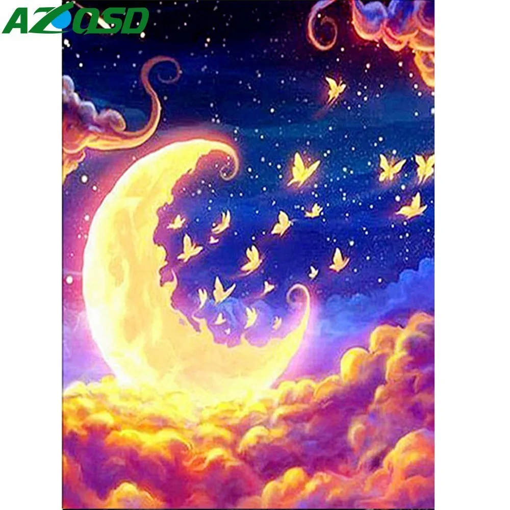 

AZQSD Diamond Painting Moon Landscape Cross Stitch 5D DIY Full Square Diamond Mosaic Gift Home Decortion Diamond Embroidery Sky