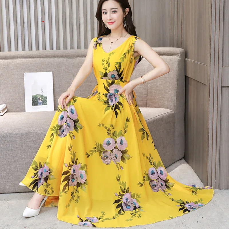 

Summer Vest Dress 2019 Sexy V Neck Women Floral Printing Sleeveless Chiffon Dresses Bohemia Beach Party Dress Vestido Plus Size