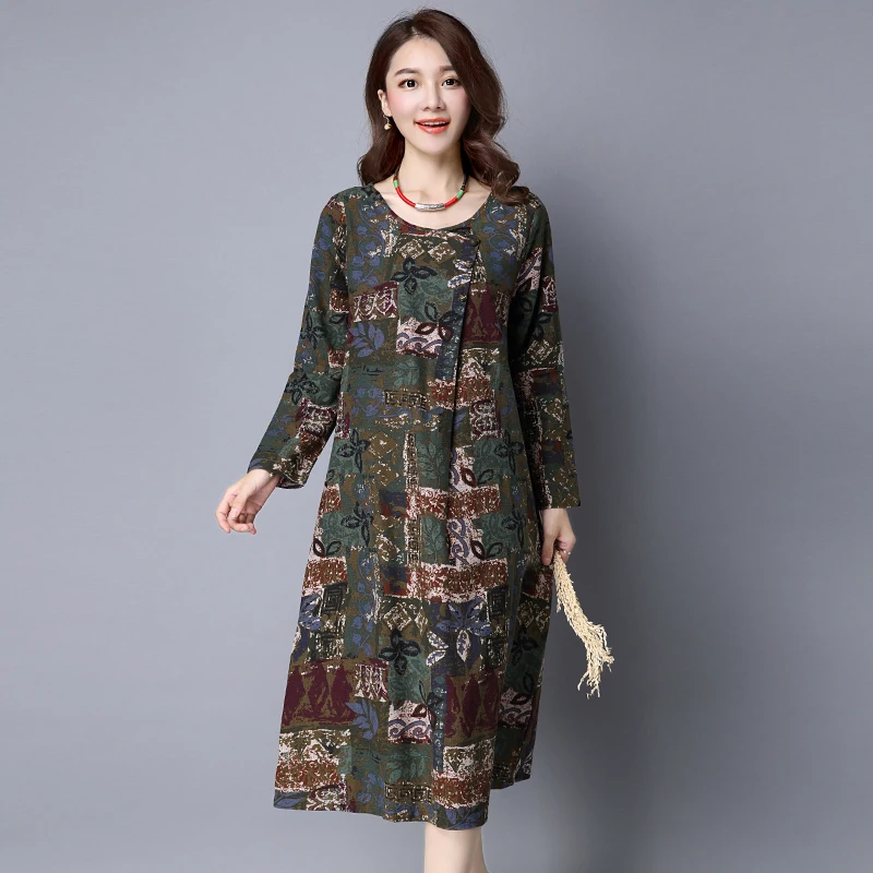 

Women Vintage Cotton Linen A-line Dress 2019 Spring Summer Casual Loose O-neck Long Sleeve Floral Printed Dresses Vestidos