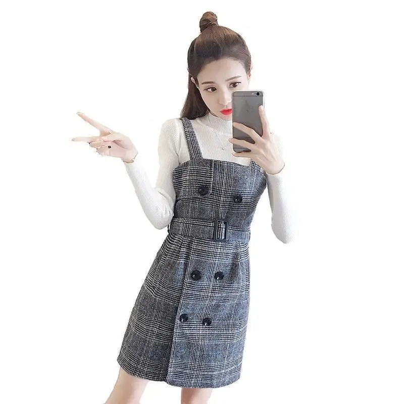 Подтяжки в клетку Roupa Invierno женские корейские с открытыми плечами пуловер