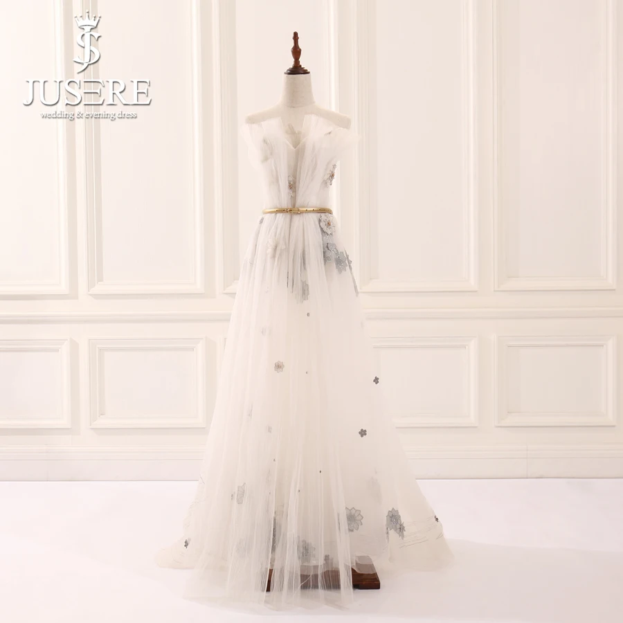 

Jusere 2018 Stock Cheap Illusion Beaded Floor-Length Evening Dresses Pleat Off Shoulder A Line Prom Party Gown