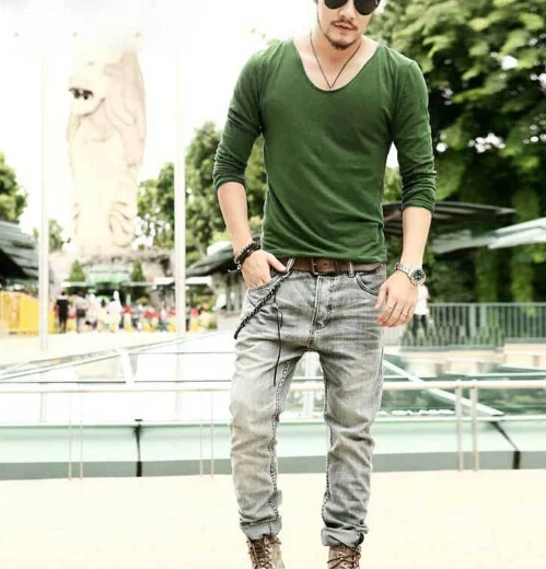 

Plus Size Deep V Neck T Shirt Men Long Sleeve T Shirts Fitness T-Shirt New Brand Solid Undershirt 2019 New Spring