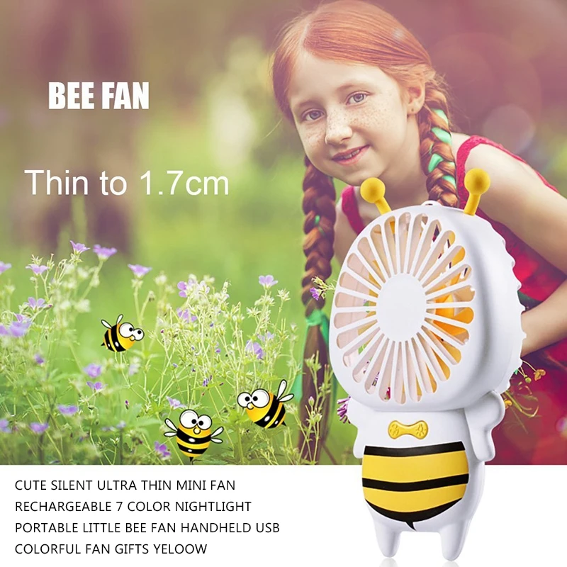 

Cute Silent Ultra Thin Mini Fan Rechargeable 7 color Nightlight Portable Little Bee fan Handheld USB Colorful Fan Gifts