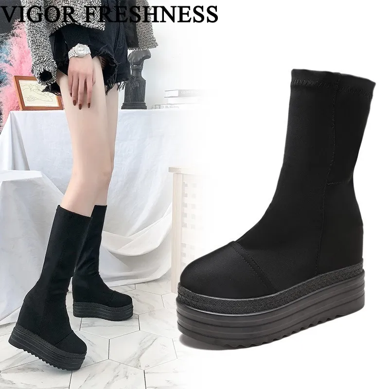 VIGOR FRESHNESS Woman Shoes Platform Boots 11.5CM Heels Shoes Winter Boots Women Height Increasing Boots Autumn Shoes WY557