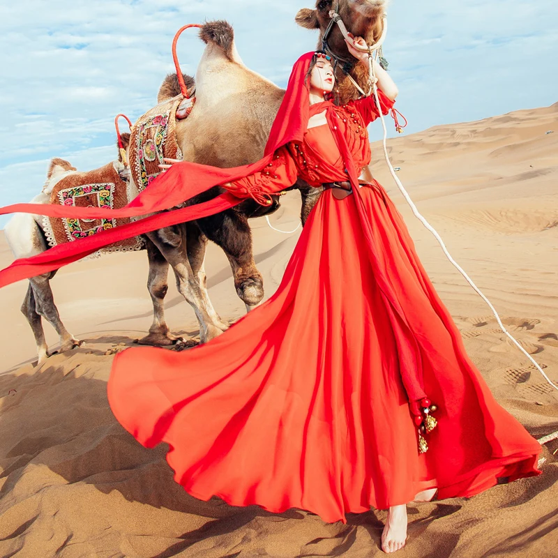 

2019 Spring Summer Long Women Dress Maxi Vintage Chiffon Two Pieces Suit Set Embroidery Women Dress Evening Party Red Female