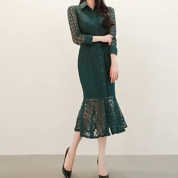 

New 2019 Summer Women Single Breasted Turn Down Collar Shirt Lace Dress Ladies Elegant Long Sleeve Waist Lace-up Mermaid Dress