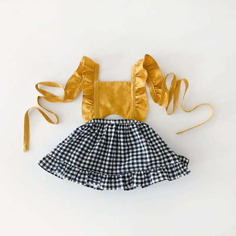 

Backless Baby Girl Dress Lace Up Sleeveless Plaid Toddler Infant Baby Dress Yellow Summer Baby Girl Clothes 0-3 Years