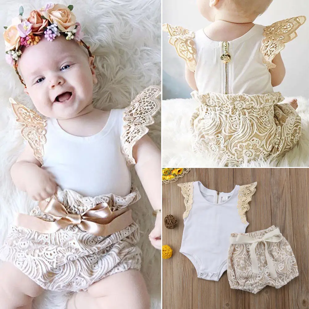Brand 2019 New Summer Casual Baby Sets Fly Sleeve Lace Tank+ Short
