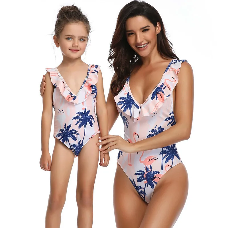 

Family Swimsuit Mother Daughter Coconut Tree And Flamingo Print Family Swimwear Summer One Piece Family Matching Clothes