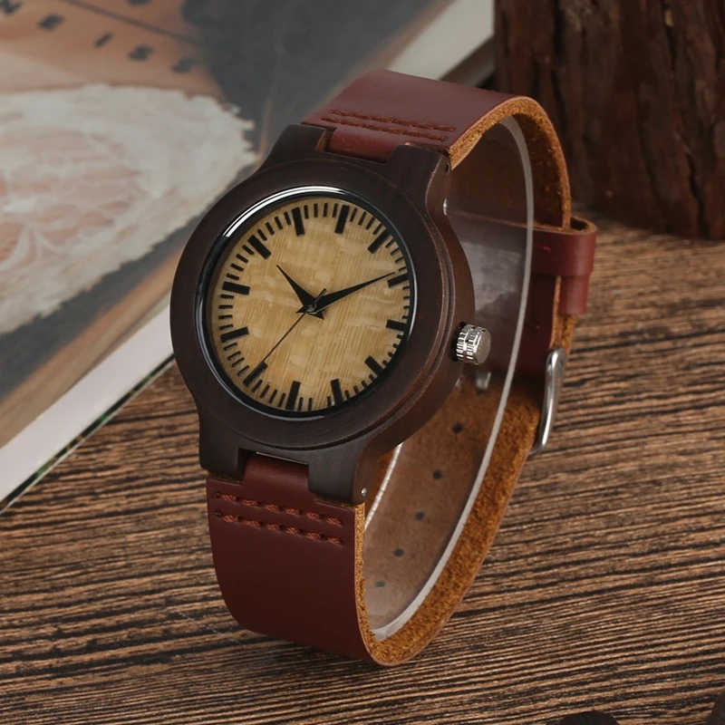 Compra Reloj redondo de madera para Mujer, Reloj femenino de pulsera de cuero marrón oscuro, de cuarzo DqngdoJX