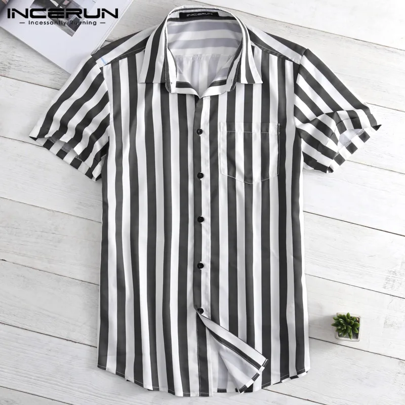جديد مخطط قميص INCERUN 2019 الصيف الذكور الملابس فضفاضة تناسب رفض طوق زر قصيرة كم قميص Camisa عارضة المحملة قمم