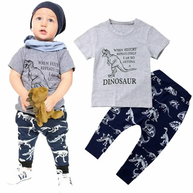 

Dinosaur Kids Baby Boys Short Sleeve Cotton T-shirt Tops Long Pant Trouser 2PCS Outfits Casual Summer Clothes Set