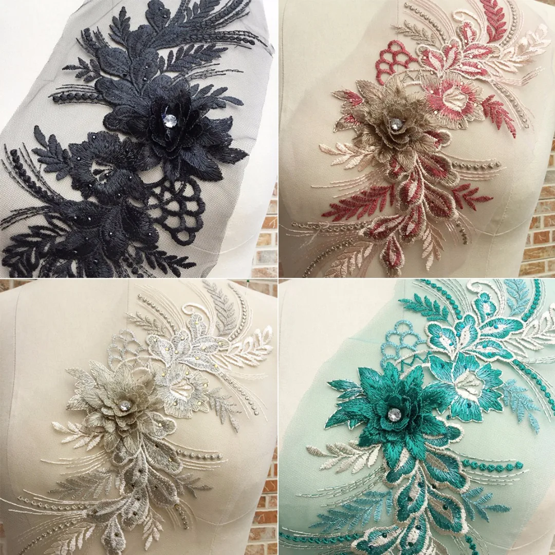 

DIY 39*16cm 3D Lace Flower Embroidery Bridal Applique Pearl Beaded Tulle Motif