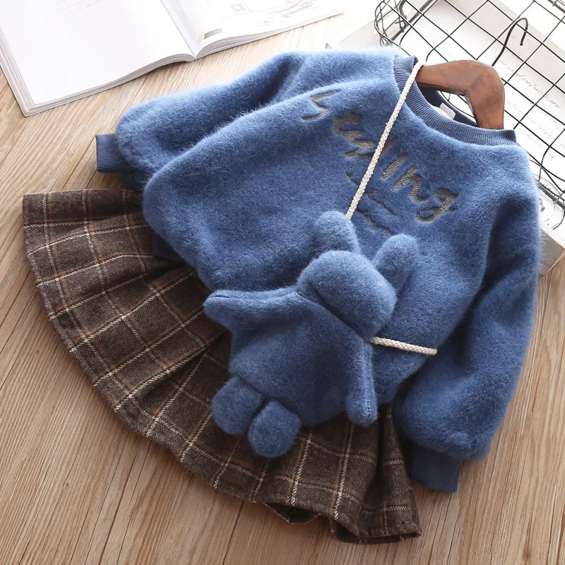 

winter girl clothes sets worm with bag skirt long sleeve toddler baby clothes letters kids top fashion children clothes