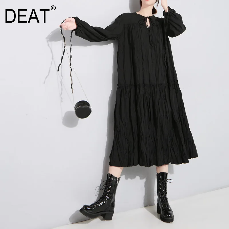 

[DEAT] 2019 New Autumn Winter Round Neck Long Sleeve Bandage Split Joint Hem Pleated Stitch Loose Dress Women Fashion Tide JL61