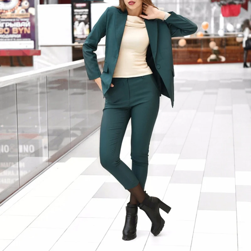 2018 Бизнес Для женщин карандаш брюки костюмы 2 шт наборы черный однотонный блейзер + карандаш брюки Офисные женские туфли жакет с разрезом