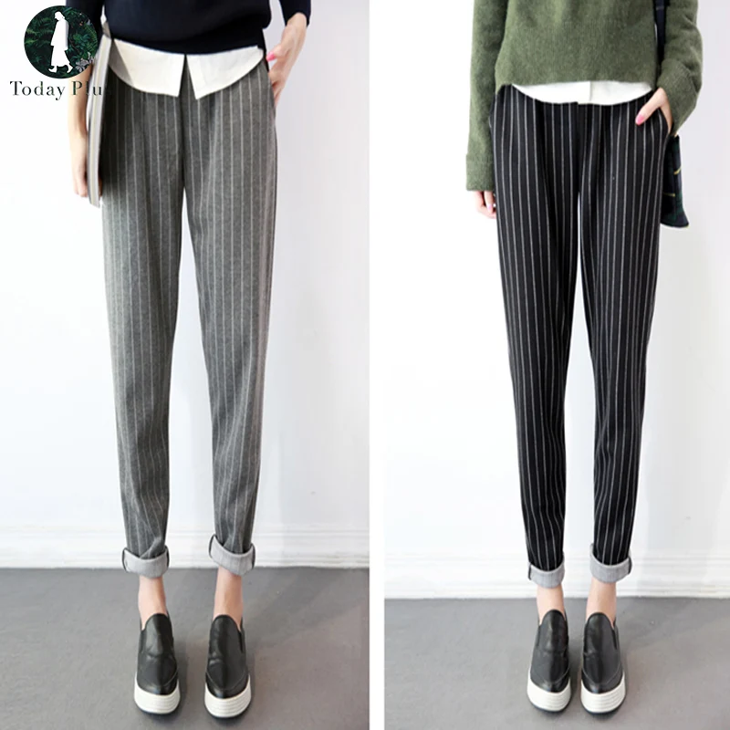 Stripes Harem Pant Women Casual Loose Grey Black Pants Fashion Plus