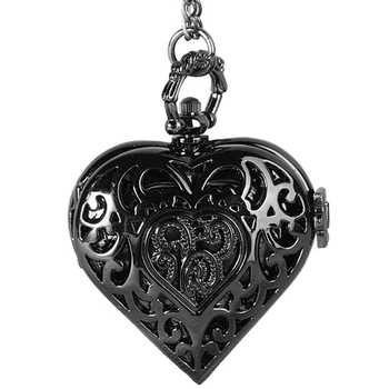 

No drill collar hollow heart heart flower pocket watch black Japanese and Korean couple sweater necklace love pocket watch