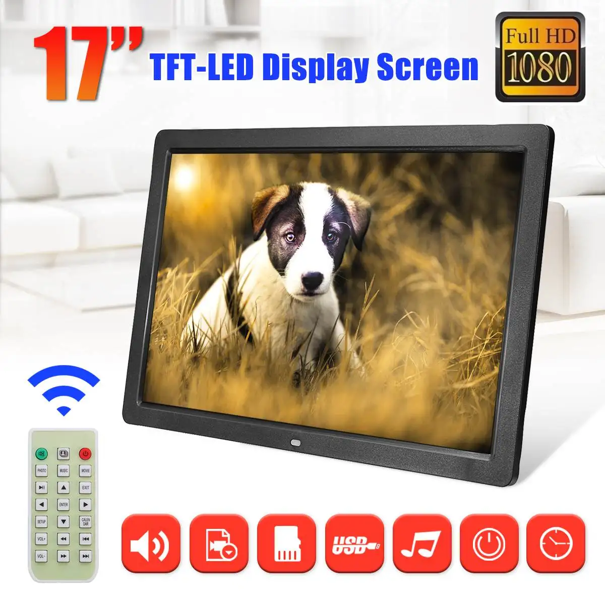 

Full Function 17 Inch Digital Photo Picture Frame Clock/Music/Video/Movie Player With Remote Control TFT-LED Display Screen